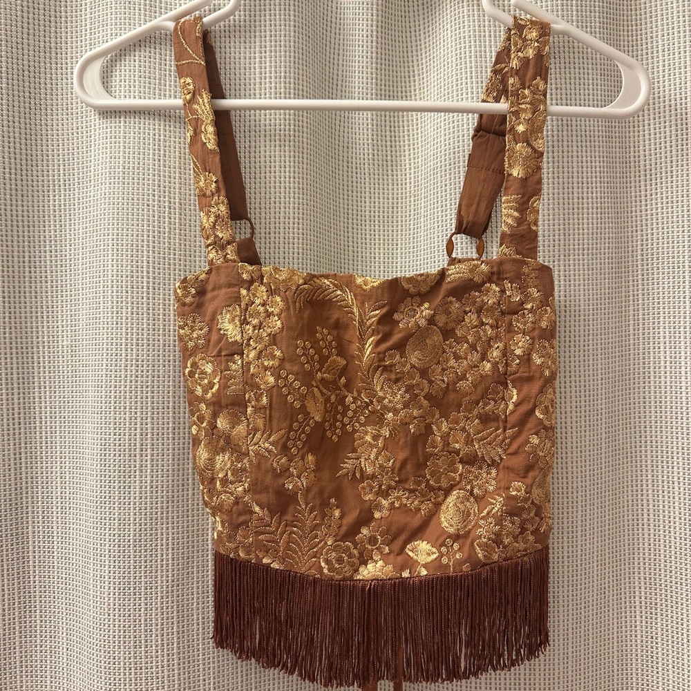Floral Embroidered Brown and Gold Tank Top and Skirt Set